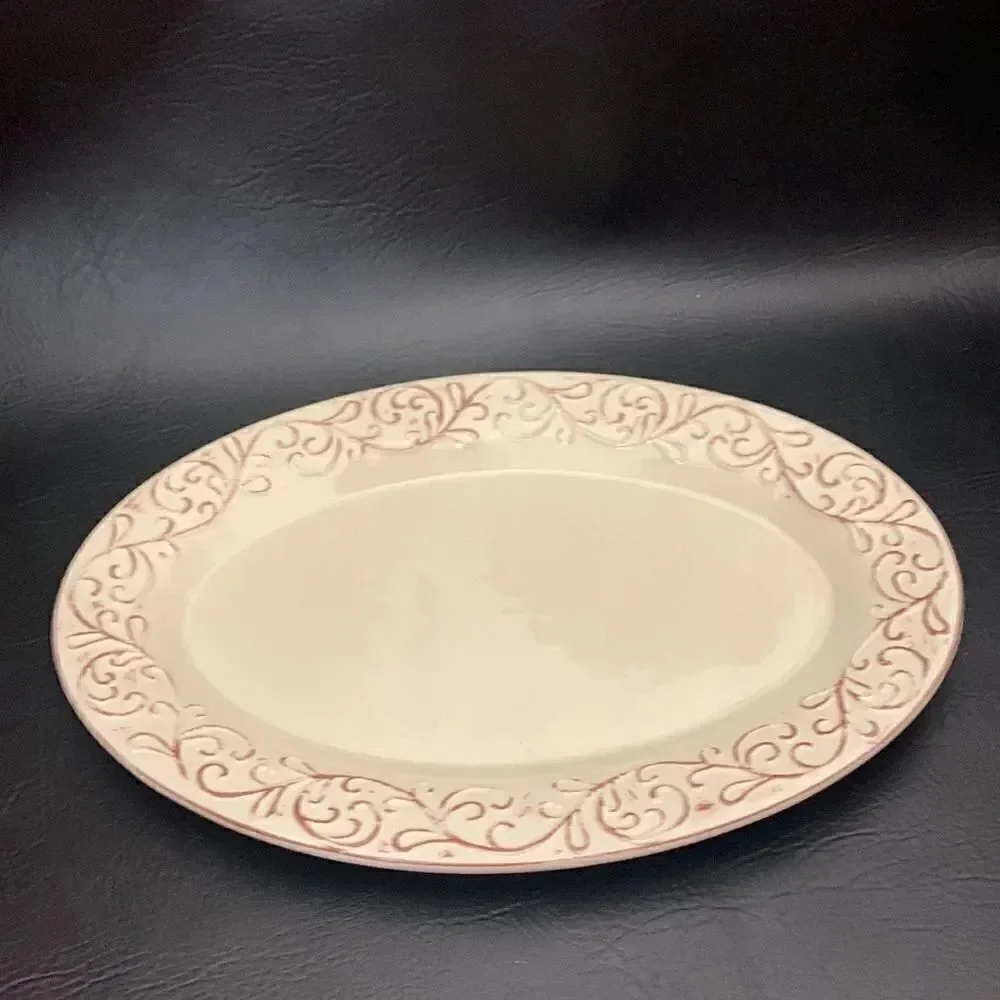 Large Oval 10X15 Inches Serving Platter Ivory Maroon Etching Christmas Valentine